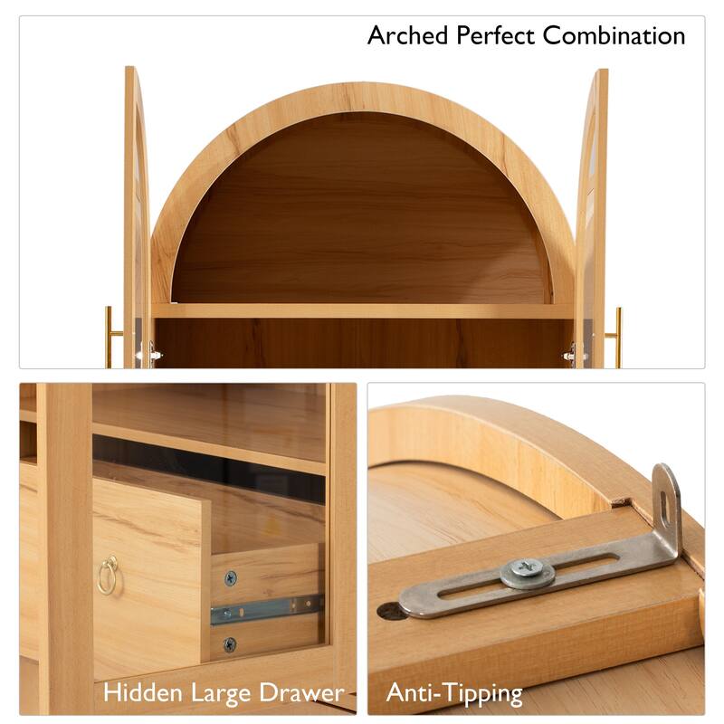 Roomfitters 71" Tall Arched Kitchen Pantry Cabinet with Glass Doors, Hidden Drawer & 4 Door Shelves