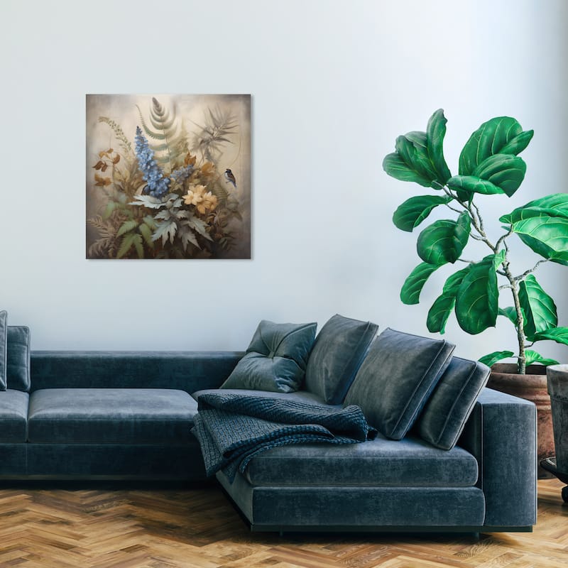 Wynwood Studio Canvas Floral and Botanical Little Bird in Still Life Blue and Violet Blue Traditional Wall Art Canvas Print - 30 x 30