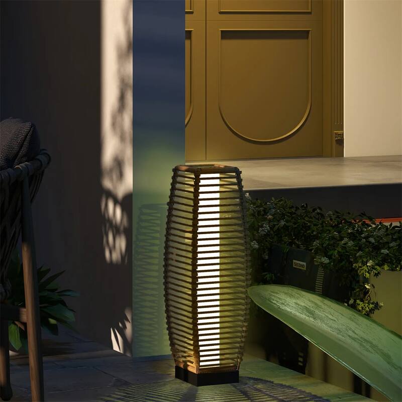Outdoor Solar Floor Lamp with Warm White LED Waterproof Rattan and Steel Patio Lighting - 7.75" W x 7.75" D x 26.75" H