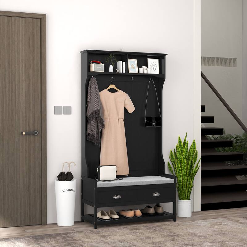 HOMCOM Coat Rack and Bench Hall Tree Organizer with 4 Hooks, 2 Drawers with Padded Seat Cushions for Entryway, Black - Black