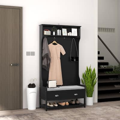 HOMCOM Coat Rack and Bench Hall Tree Organizer with 4 Hooks, 2 Drawers with Padded Seat Cushions for Entryway, Black