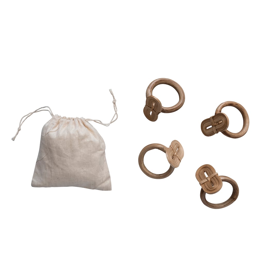 Woven Bamboo Napkin Rings in Linen Drawstring Bag - 2.3"L x 2.3"W x 2.5"H