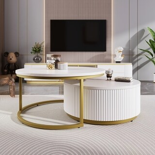 Modern Round Nesting Coffee Table Fluted with Drawer in 27.6" - Bed ...