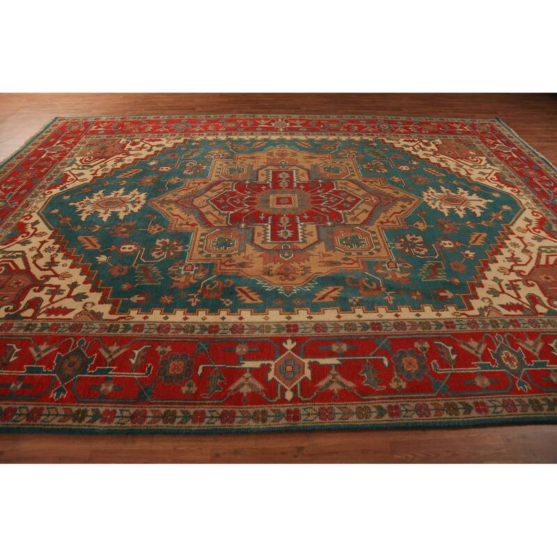 Green Medallion Oushak Indian Large Rug Hand-Knotted Wool Carpet - 9'7"x 13'9"