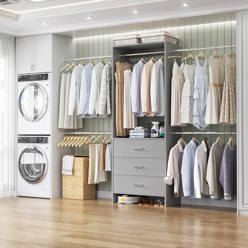 Cimly 118'' Closet Organizer with 3 Wooden Drawers, Adjustable Closet System with 5 Hanging Rods