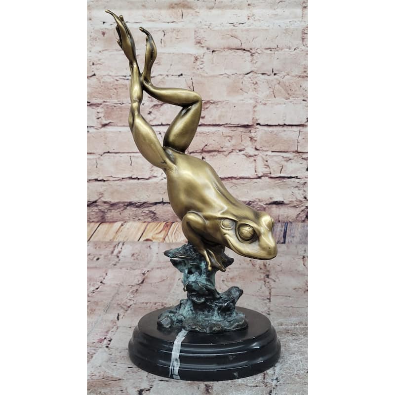 Hot Cast Bronze Leaping Frog W/ Gold Patina On Marble Base - Original Art By Milo