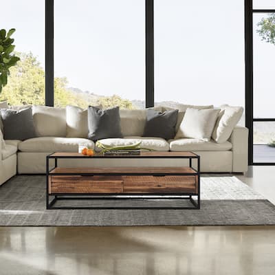 Ludgate 50" Modern Farmhouse Solid Acacia Wood 2 Drawer Coffee Table