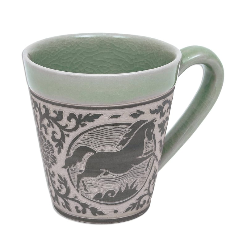 Handmade Thai Zodiac Horse Celadon ceramic mug (Thailand)