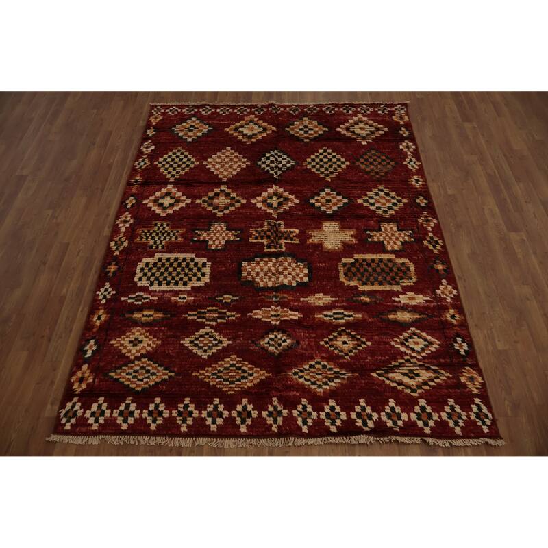 Hand Knotted Oriental 100% Wool Carpet Modern Tribal Red Moroccan Area Rug - 7' 6'' X 5' 11''