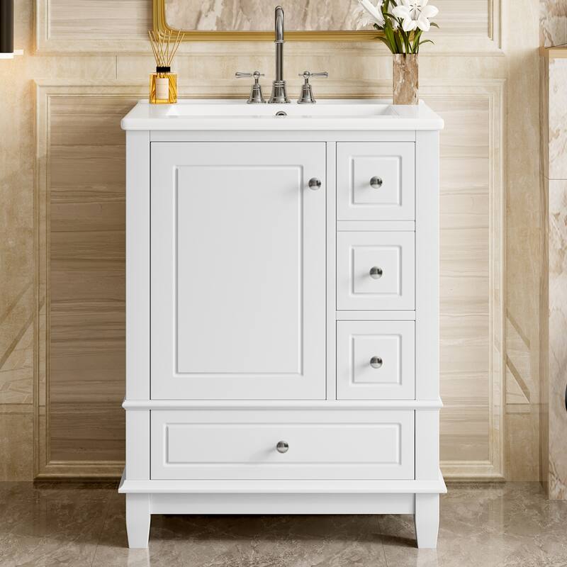 24" Bathroom Vanity with Sink and Drawers, White Freestanding Vanity Cabinet with Ceramic Top and Storage Shelves