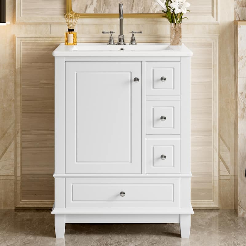 24" Freestanding Bathroom Vanity with Sink - Ceramic Top, Drawers & Shelves, MDF & Solid Wood Base, for Small Bathrooms - White