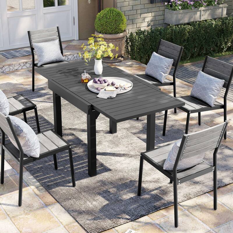 Pellebant Outdoor 3/5/7-piece Aluminum Dining Set Extendable Dining Table with Chairs - Black - Set of 7