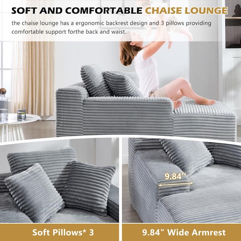 Deep Seat Chaise Lounge Chair, Wide Armrest Sleeper Sofa with Three Soft Pillows, Convertible Boneless Sofa Bed Daybed
