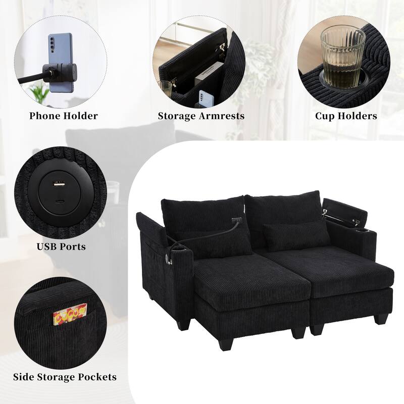 63" Convertible Corduroy Sofa Bed with USB Ports, Storage & Lumbar Pillows, Black