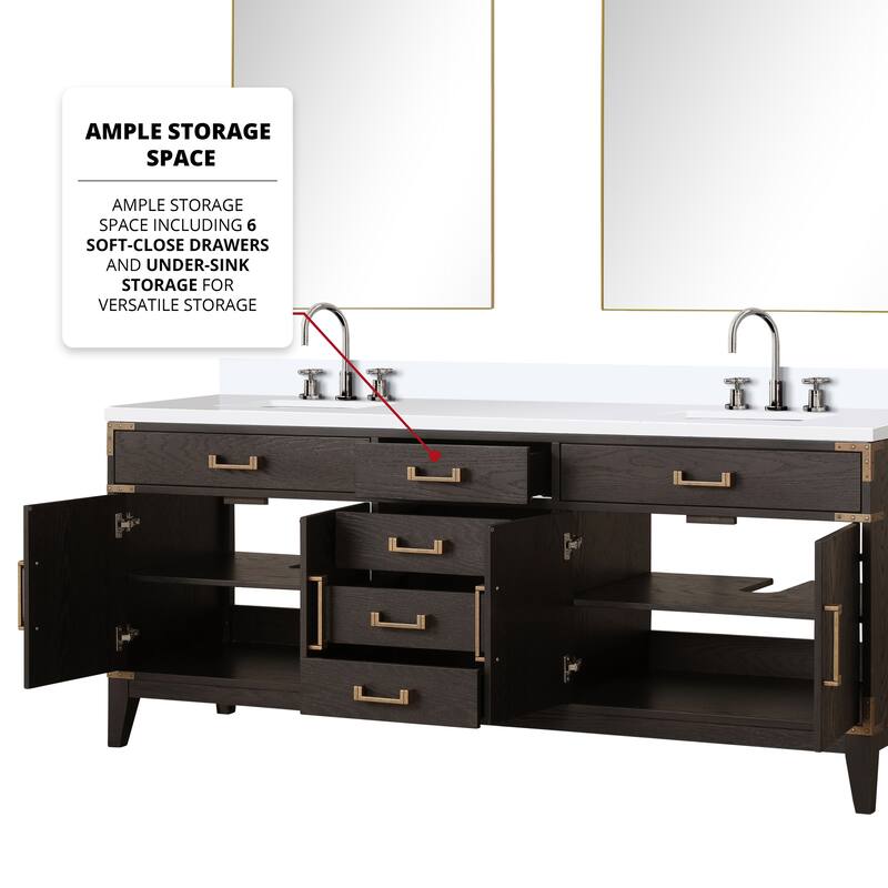 Laurel 60 in W x 22 in D Black Oak Double Bath Vanity, White Quartz Top, Faucet Set, and 28 in Mirrors