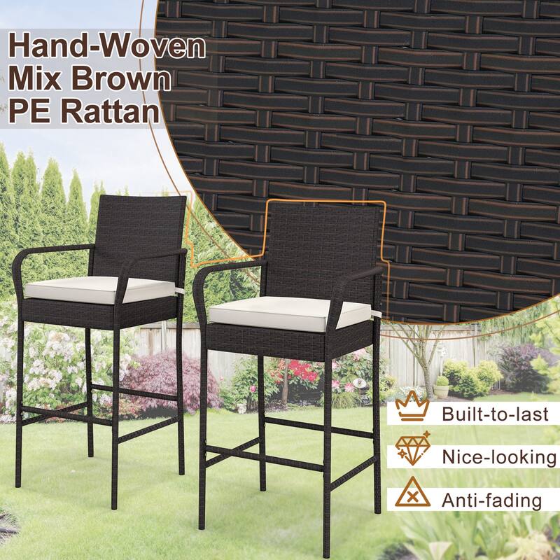 2PCS Patio PE Wicker Bar Chairs Counter Height Barstools with Cushions