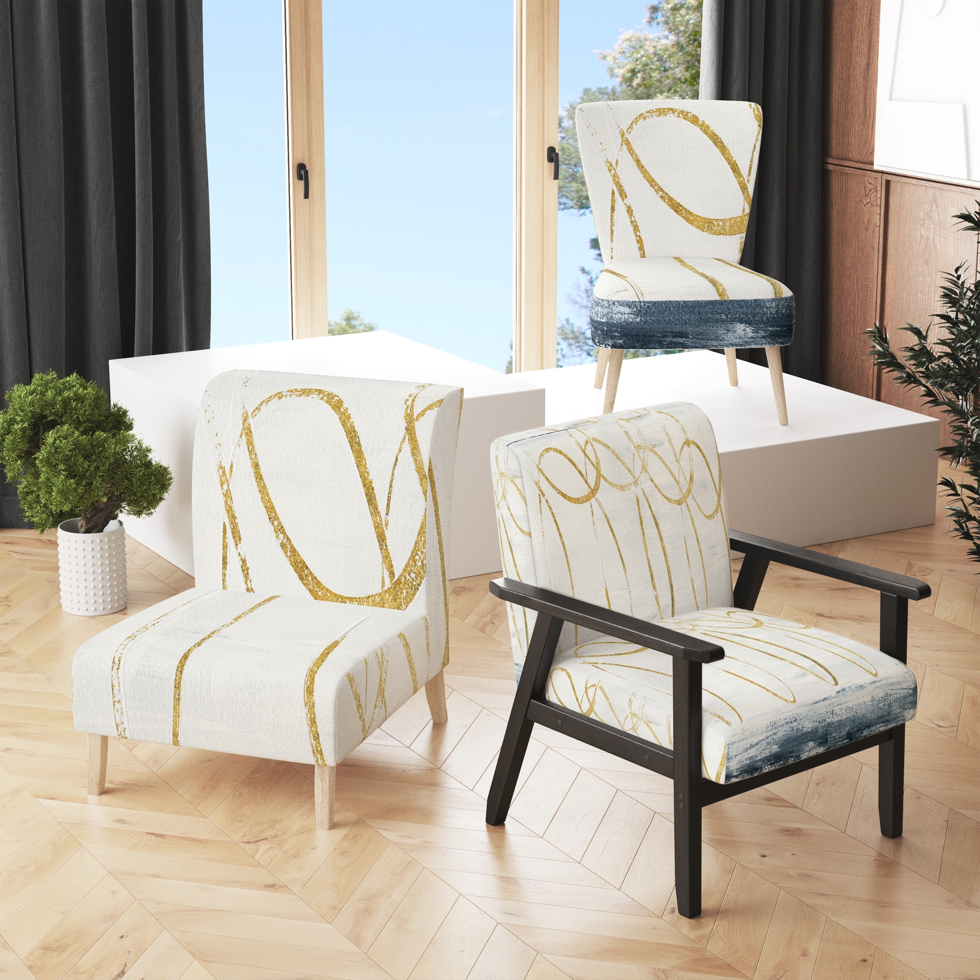 Modern Gold Geometric Abstract Fabric Upholstered Designart Chair-image