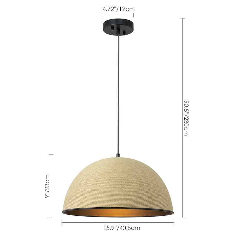 1-Light Rustic Farmhouse Hand Woven Rope Dome Pendant Light - 15.9 in.