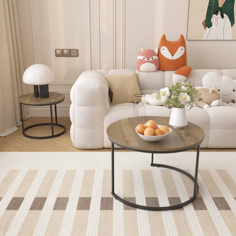 Modern Nesting Coffee Table Round Coffee Table Side Table, 2-Piece Set with Base, for Living Room, Brown