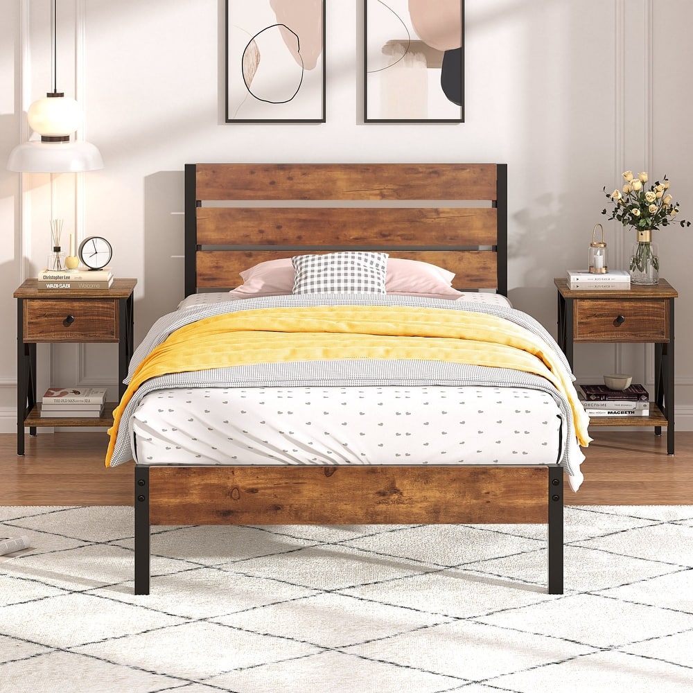 3-Pieces Bed Frame with Wood Headboard and Modern Nightstands Set of 2