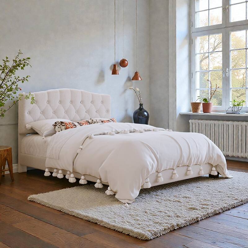 Upholstered Platform Bed with Adjustable Saddle-Curved Diamond Tufted Headboard, Wooden Slats and Metal Support