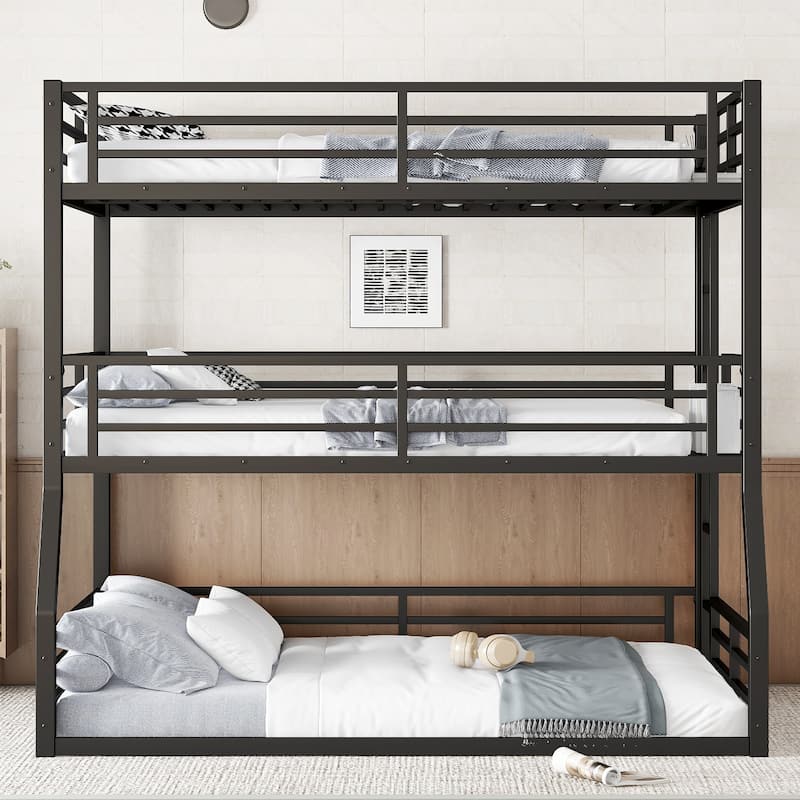 Full/Full XL over Queen Bunk Bed,Metal Triple Bunk Bed with Guardrails,Heavy-duty Bunk Bed with Noise-reduced Design