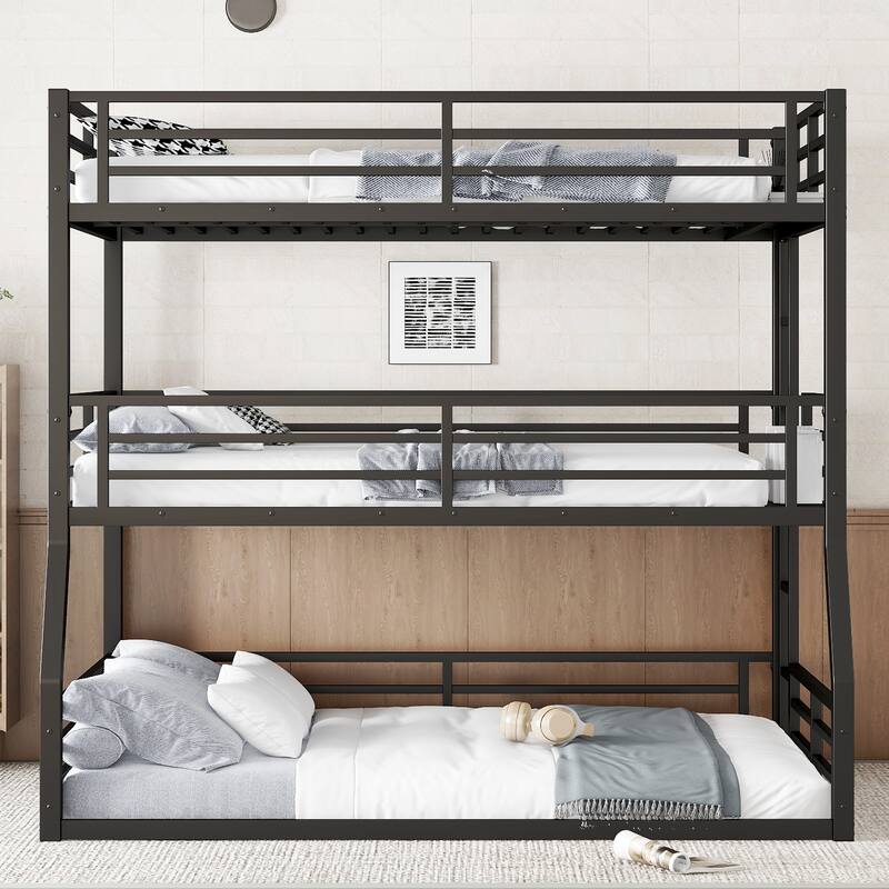 Metal Triple Bunk Bed Frame, Heavy Duty Metal Bunk Bed Frame, Floor Triple Bunk Bed with Safety Guardrails - Black - Full