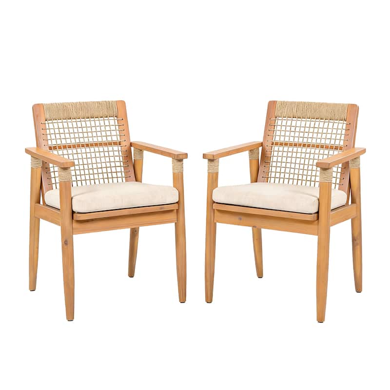 Christopher Knight Home - Caldera Outdoor Acacia Wood Patio Dining Chairs with Rope Woven Backrest and Cushions, Set of 2