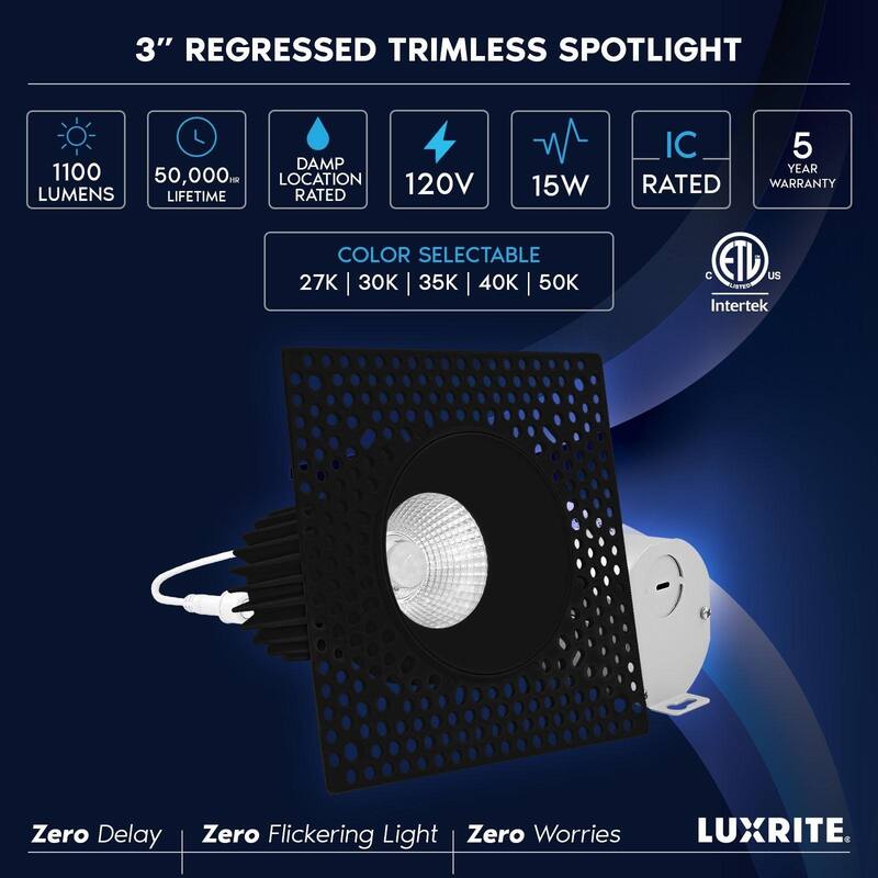 Luxrite 3" Trimless LED Black Recessed Light, 15W, 1100LM, 5CCT 2700K-5000K, IC Rated, ETL 4-Pack