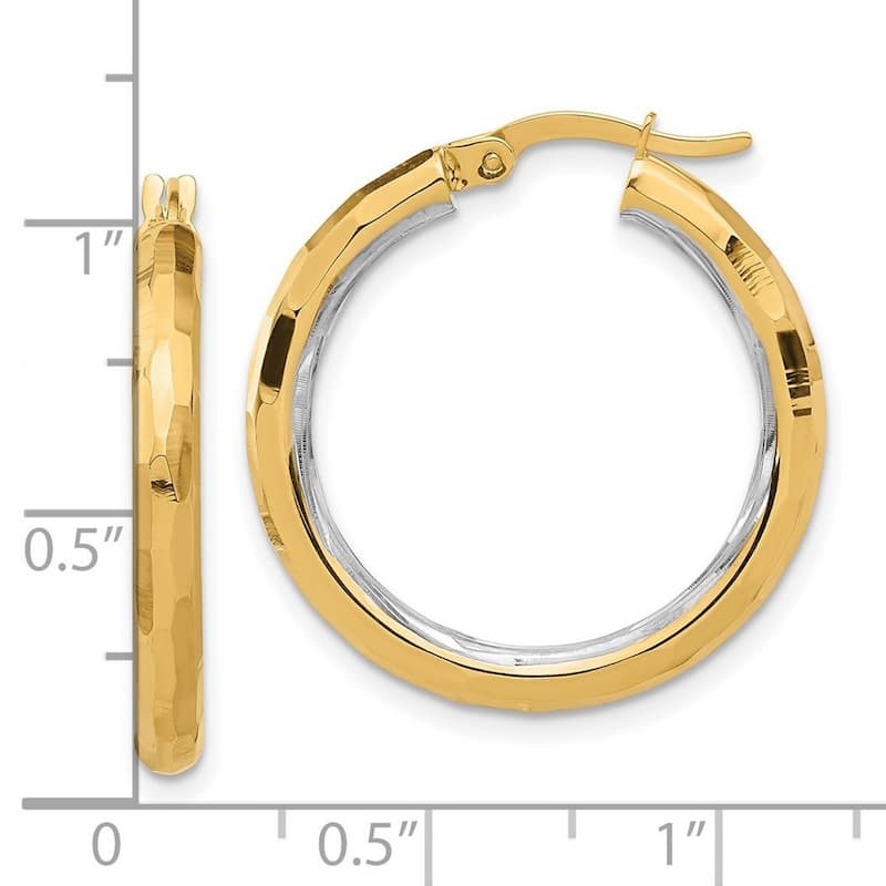 Curata 14k Yellow Gold White Rhodium Polished and Diamond cut Hoop Earrings - 27.75x26mm