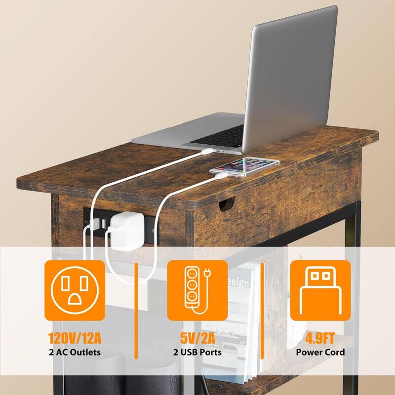 End Table with Charging Station, Flip Top Nightstand with USB Ports and Outlets