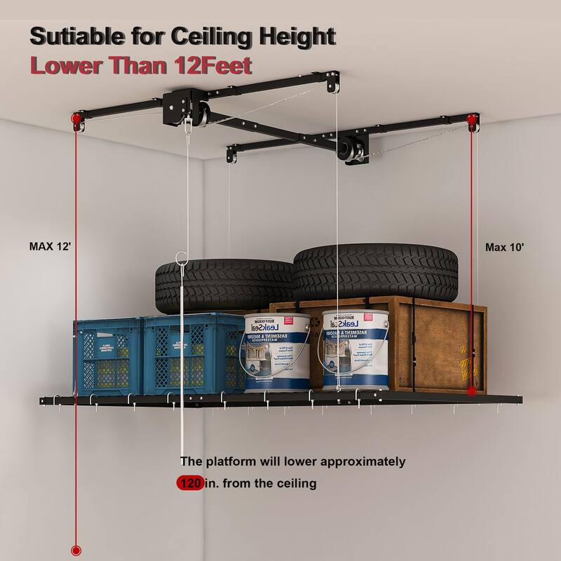 Roomfitters Overhead Garage Storage Rack 3x6 FT, Crank Down Ceiling Organizer for 10-12 FT Garages, 270lb Lift, White
