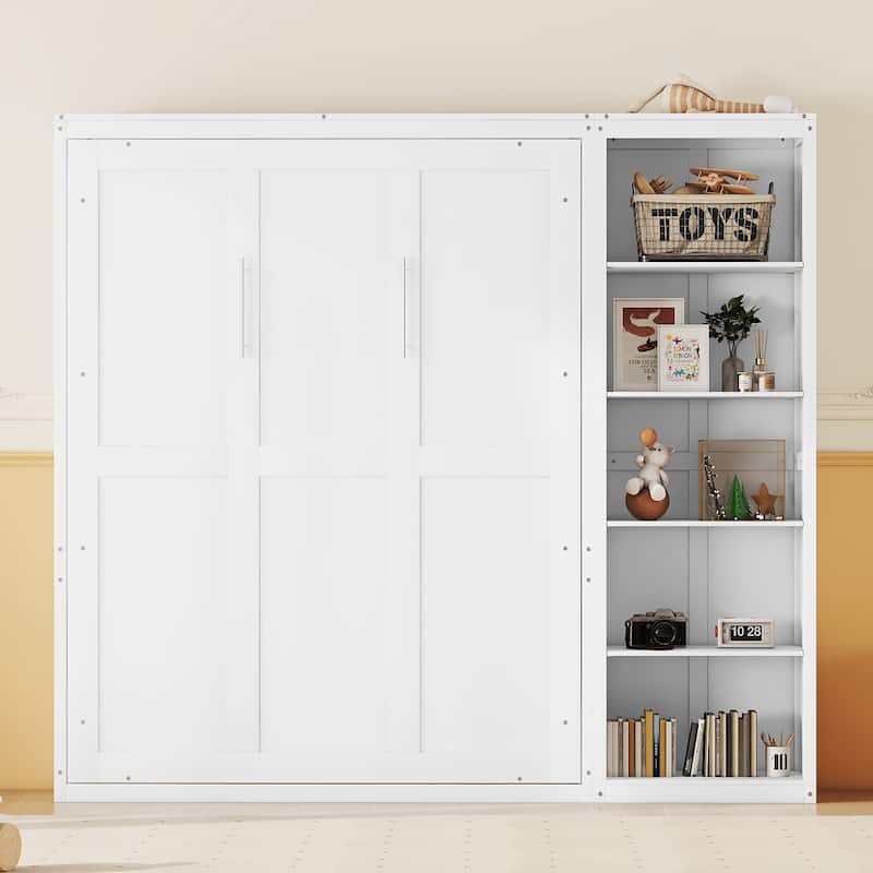 Space Saving Murphy Bed Wall Bed with 5 Layer Storage Shelves, Wood Foldable Platform Bed Frame, No Box Spring Needed