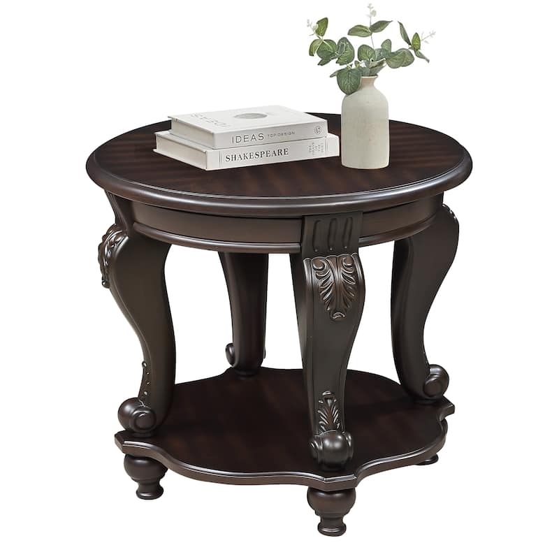 Round Sofa End Table 2-Tier Side Table with Lower Open Storage Shelf, Antique Floral Carvings and Solid Wood Cabriole Legs - Espresso