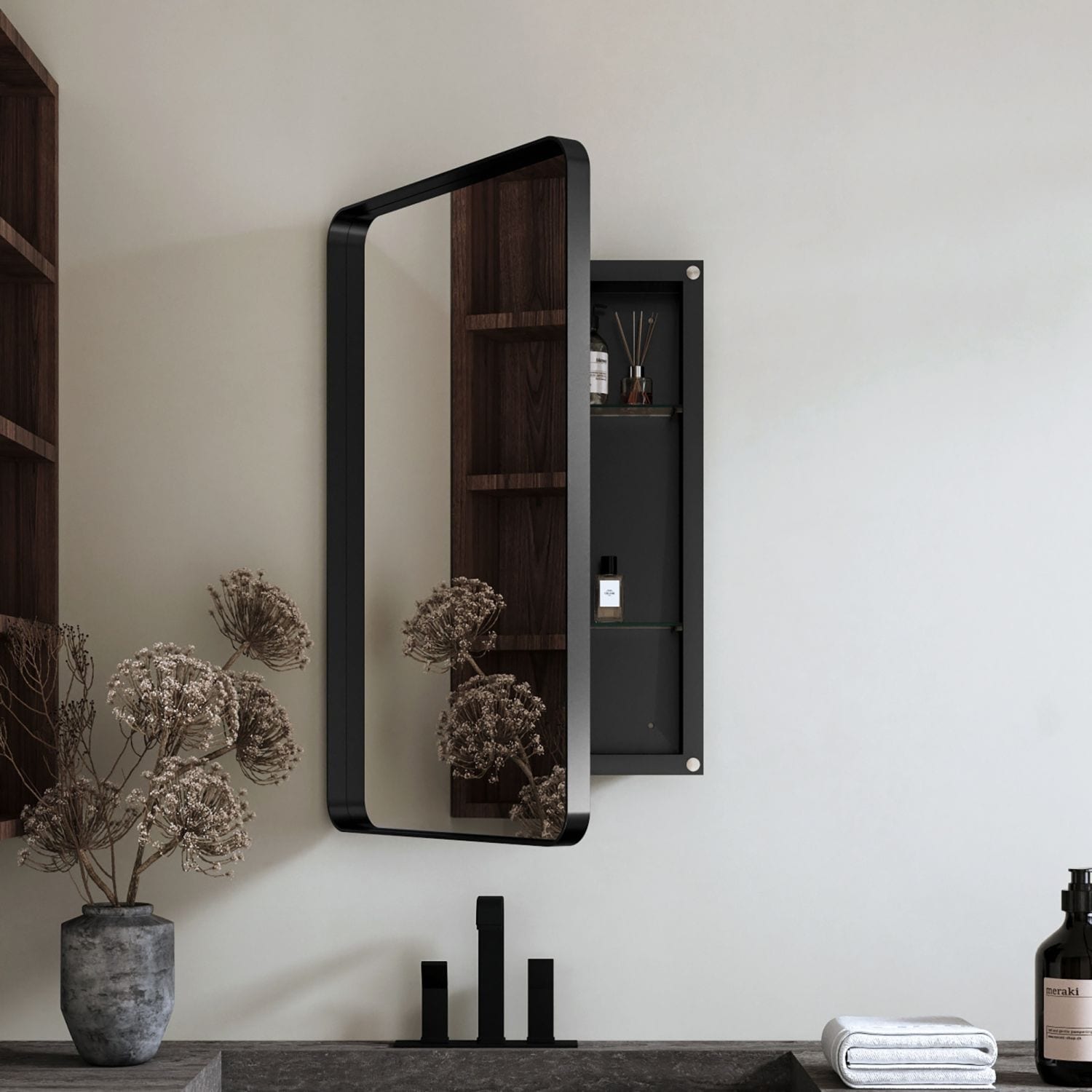 20 x 30 Inch Recessed Black Metal Framed Medicine Cabinet with Mirror and Adjustable Shelves with Storage for Bathroom