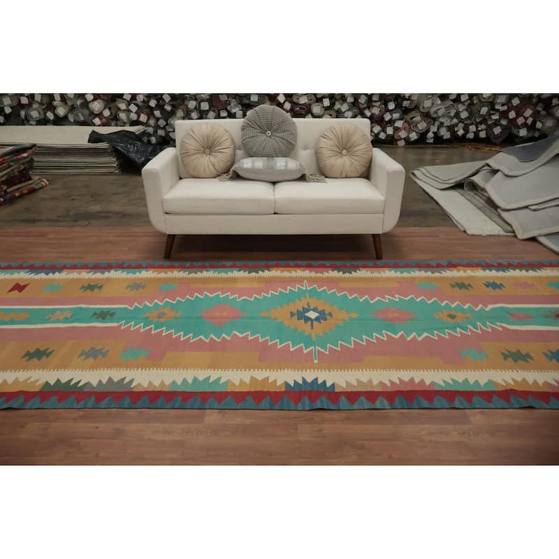 Hand Woven Oriental 100% Wool Carpet Southwestern Tribal Multi-Colored Kilim Runner Rug - 14' 6'' X 4' 9''