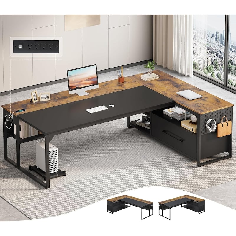 Executive Desk L Shaped Desk File Drawers Power Outlets Computer Desk