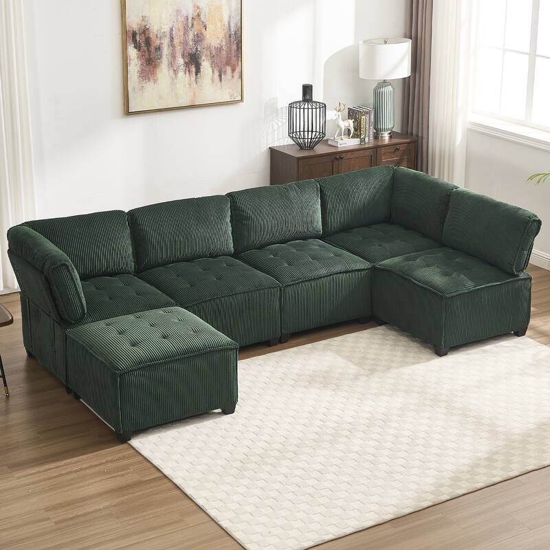 121.26" Corduroy Modular Sectional Sofa 6- Seat U Shaped Couch with Reversible Chaise and Ottoman - Emerald