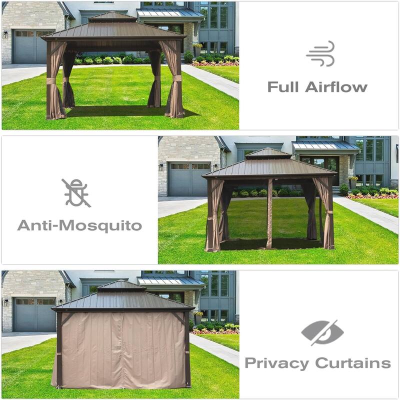 10' X 10' Aluminum Hardtop Gazebo with Double Roof, Curtains, and Netting for Outdoor Use