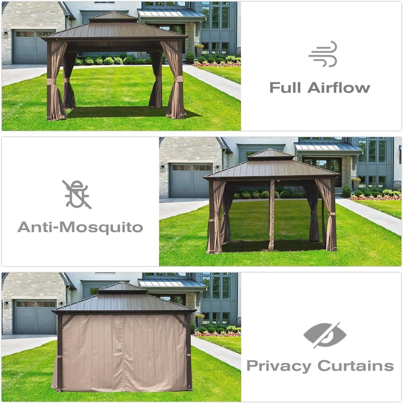 GDFStudio - 8' x 8' Outdoor Aluminum Hardtop Gazebo with Galvanized Steel Double Roof, Netting & Curtains