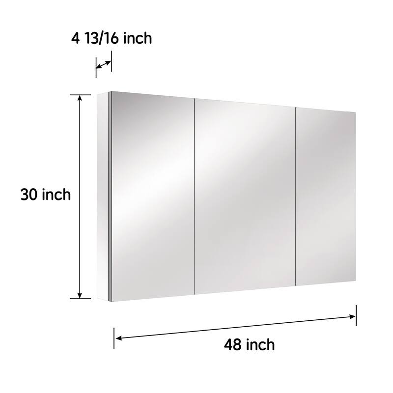 48x30 in Tri-View Mirrored Medicine Cabinet, 3-Door Triple Swing, Copper-Free, Blum Soft-Close, Recessed/Surface
