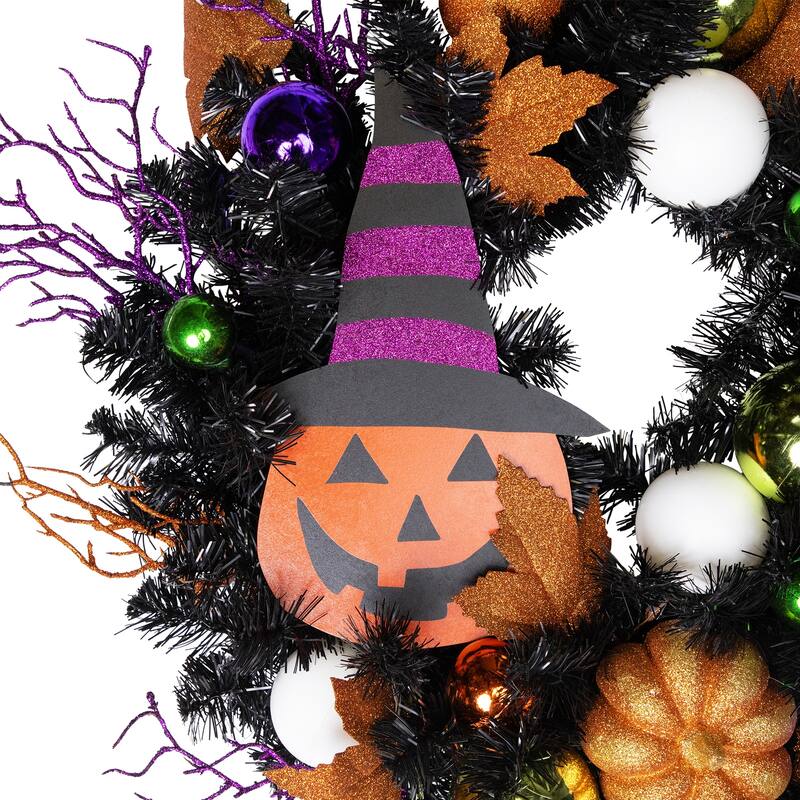 Jack-O-Lantern in Witches Hat Halloween Pine Wreath, 24-Inch, Unlit