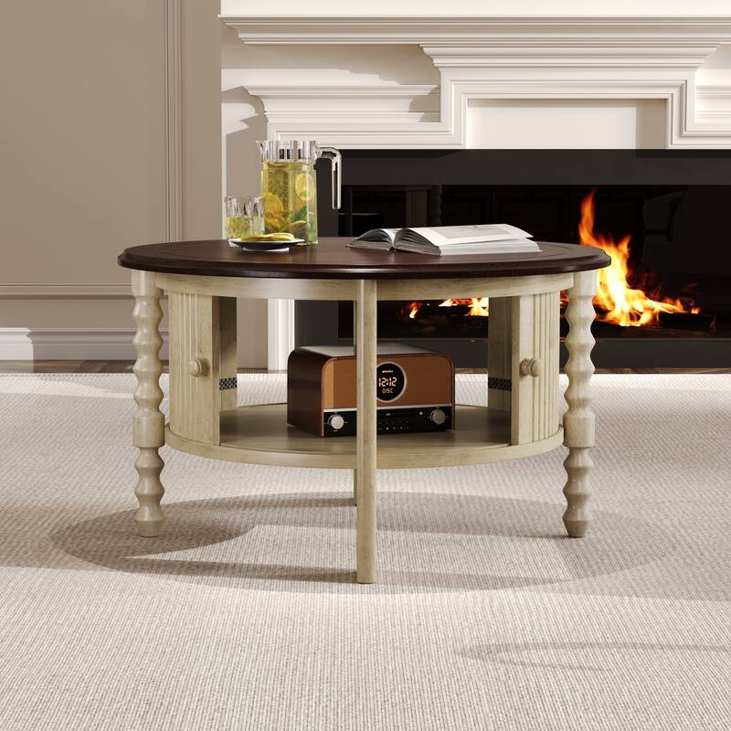 Round Slatted Coffee Table Accent Table with Storage Shelf, Modern Cocktail Table End Table with Sliding Door - Beige,Espresso