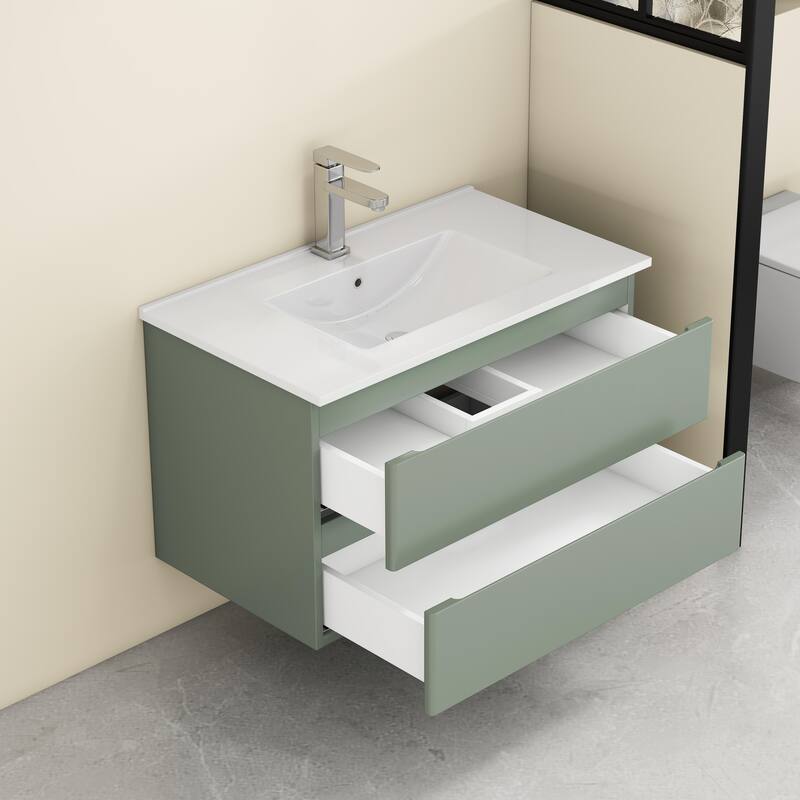 32 Inch Floating Bathroom Vanity with One-piece Ceramic Sink, Wall Mounted Cabinet with 2 Drawers