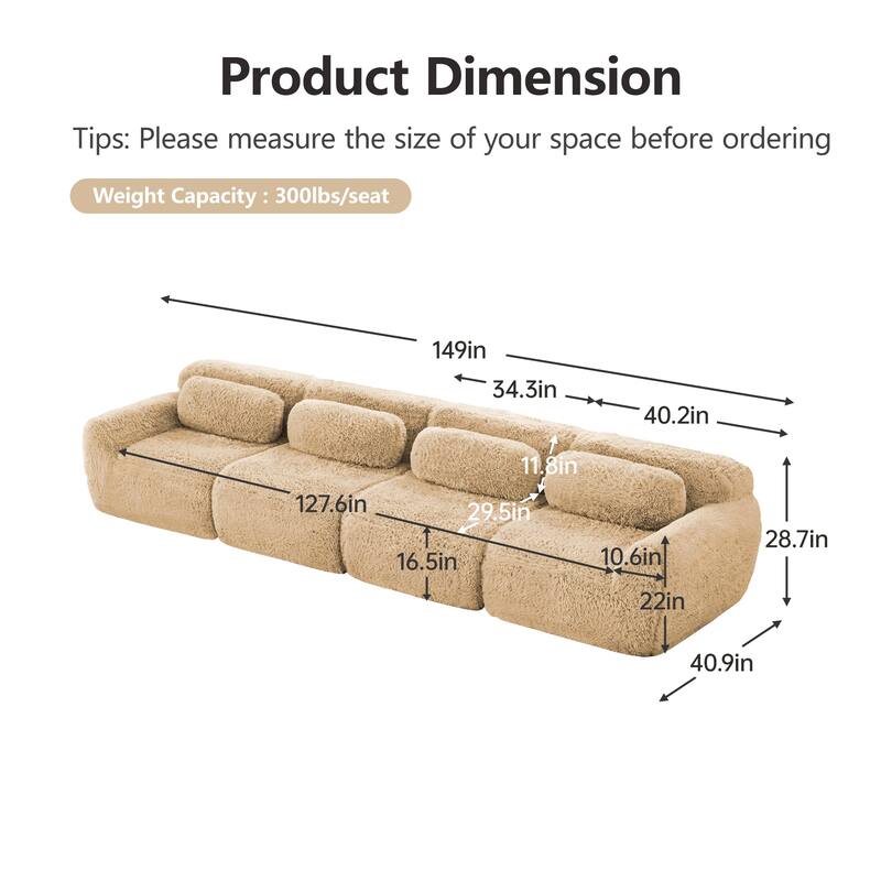 Roomfitters 114 Inch Modular Floor Sofa, Fluffy Plush Sectional with Ottoman, Chocolate