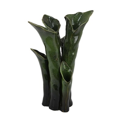Decorative Vase, 16 Inch Coastal Calla Lily Design, Green Ceramic