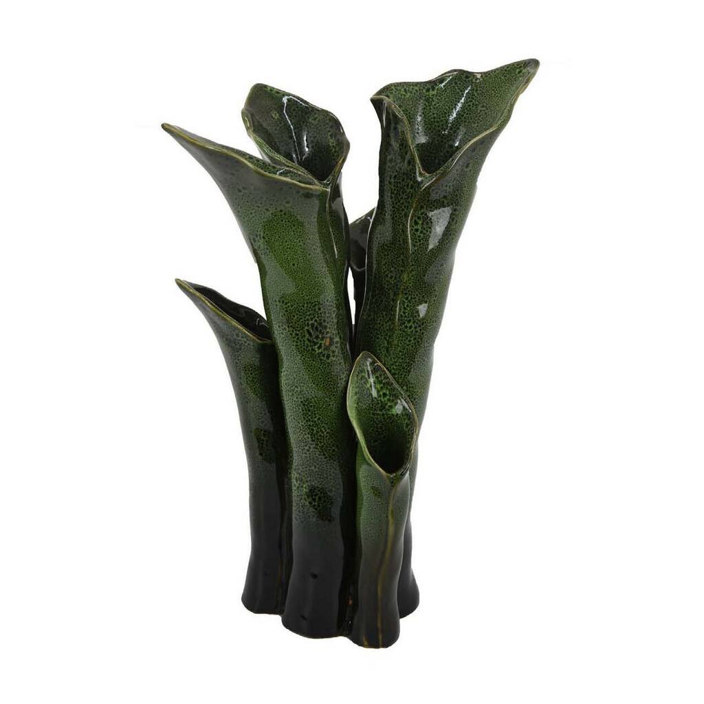Decorative Vase, 16 Inch Coastal Calla Lily Design, Green Ceramic