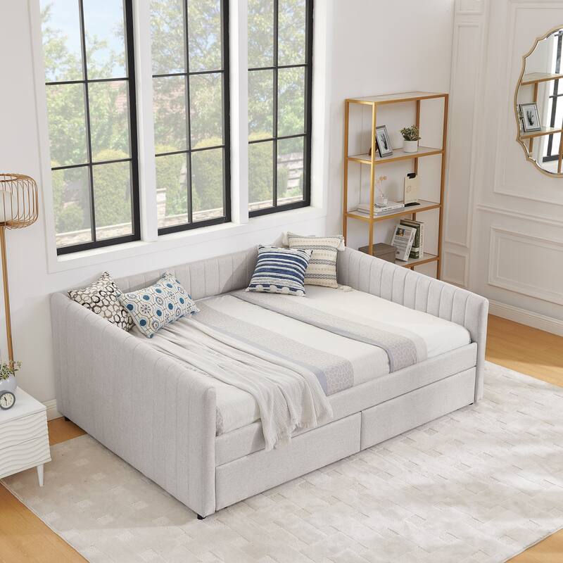 Vertical Stripe Linen Upholstered Sofa Bed Frame Queen Size Daybed U-shaped Captain Bed with Storage Drawers and Curved Arms