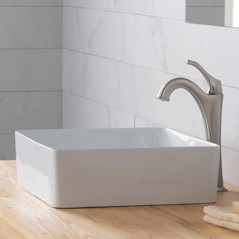 KRAUS 15 5/8 inch Viva Square White Ceramic Vessel Bathroom Sink
