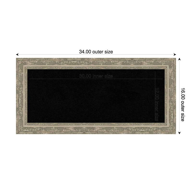 Filigree Silver Framed Cork Board - Bulletin Board, Organization Board, Pin Board - Black - 34 x 16 in